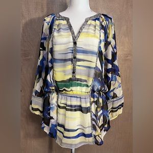 Calvin Klein 3/4 Sleeve Watercolor Sheer Tunic Blouse w/Peplum L